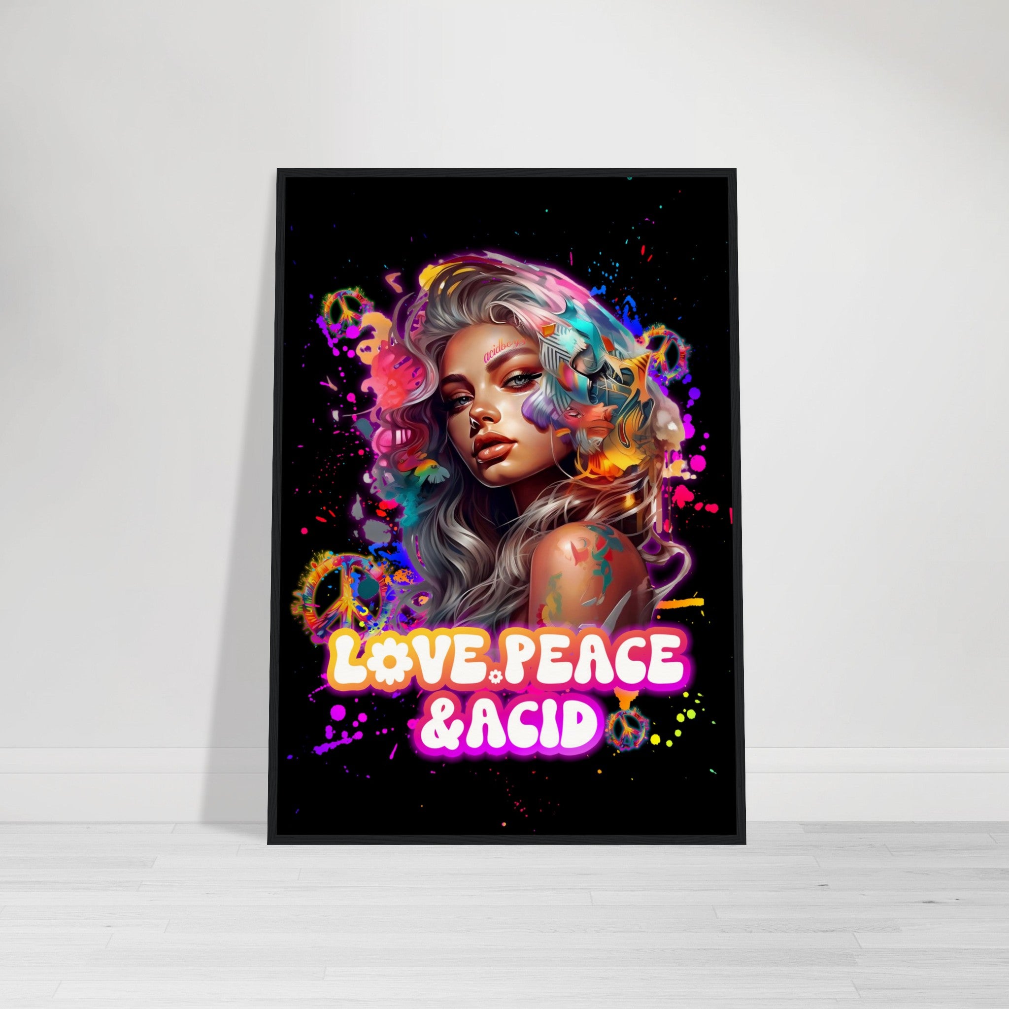 LOVE.PEACE &amp; ACID - POSTER IN A WOODEN FRAME